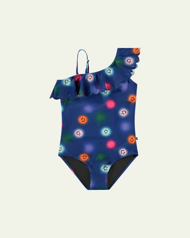 Girl's Net Ruffled One-Shoulder One-Piece Swimsuit, Size 3-7